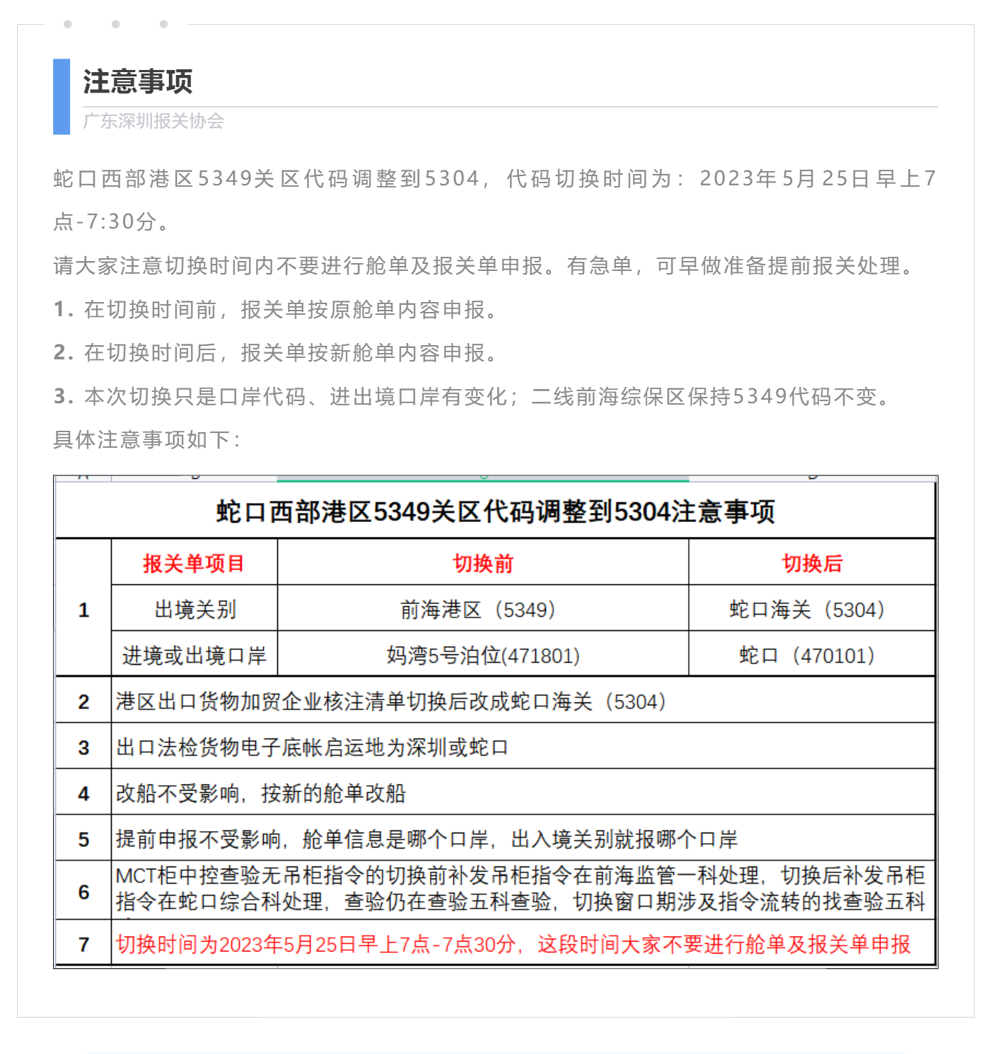 【口岸观察】蛇口西部港区5349关区代码调整到5304的切换时间及注意事项_美编助手.png